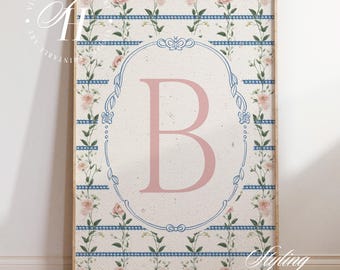 Impresión floral vintage de iniciales de la A a la Z: Arte con letras rosas para habitación infantil, decoración para habitación de niña (descarga digital)