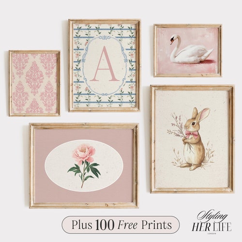 Vintage Nursery Art Prints: Bunny, Swan, Floral Personalised Gallery Wall (Digital Download)