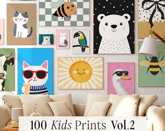 100 Kids Room Wall Art Prints: Playful Animals, Nursery Decor (Digital Download)