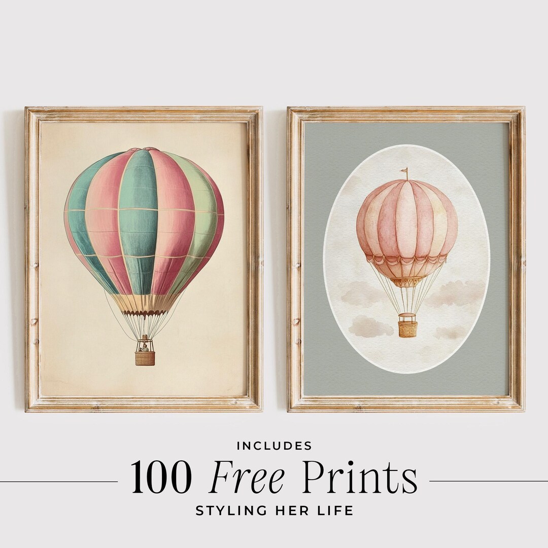 Vintage Hot Air Balloon Nursery Print Set, Kids Room Decor (digital ...