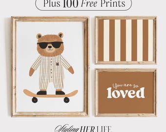 Kids Room Gallery Wall Art Set: Bear, Stripes Prints (Digital Download)