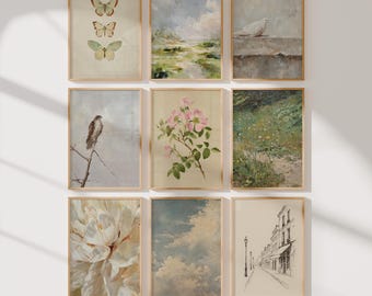 May include: Nine framed art prints with vintage botanical and landscape themes. The prints feature images of butterflies, a dove, a bird on a branch, flowers, a field, a large flower, clouds, and a street scene. The text "STYLING HER LIFE curated art" is at the bottom.