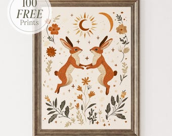 Wydruk artystyczny do pokoju dziecięcego Boho Hares: wystrój w stylu vintage cottagecore, dekoracja pokoju dziecięcego (cyfrowy)