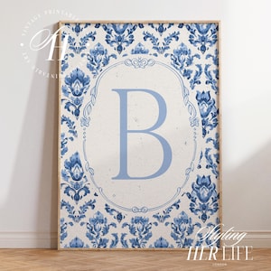 Impresión vintage con iniciales de la A a la Z, arte infantil con letras azules, regalo para bebé recién nacido, impresión personalizada, arte infantil personalizado para niña, imprimible, DIGITAL