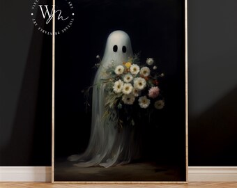 Printable Halloween Gothic Ghost Flowers Vintage Style Oil Painting Wall Art | Vintage Print | Spooky Moody Printable Art | Digital Download
