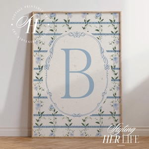 Impresión vintage con iniciales de la A a la Z, arte infantil con letras azules, regalo para bebé recién nacido, impresión personalizada, arte infantil personalizado para bebé niño, imprimible, DIGITAL