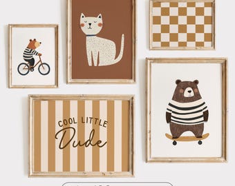 Boys Nursery Gallery Wall Art: Bear, Cat, Stripes, Kids Room Decor (Digital Download)