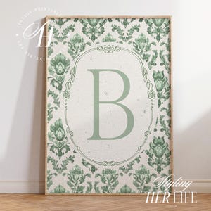 Impresión vintage con iniciales de la A a la Z, arte infantil con letras verdes, regalo para bebé recién nacido, impresión personalizada, arte infantil personalizado para niña, imprimible, DIGITAL