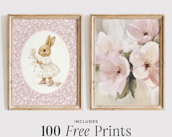 Vintage Kinderzimmer Poster Set: Hase & Blumen, Mädchenzimmer Deko (Digitaler Download)