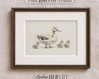 Lámina artística de pato vintage: decoración infantil estilo cottagecore (descarga digital)