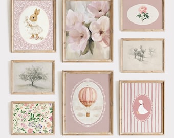 Vintage Nursery Art Print Set: Pink Cottagecore Gallery Wall, Girls Room Decor (Digital Download)