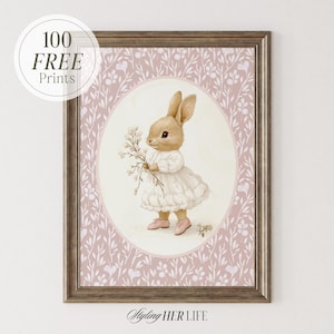 Vintage Rabbit Nursery Art Print: Cottagecore Baby Girl Decor (Digital Download)