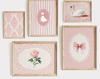 Stampe artistiche vintage rosa per la cameretta dei bambini: set da parete per galleria, decorazioni per la cameretta delle bambine (download digitale)