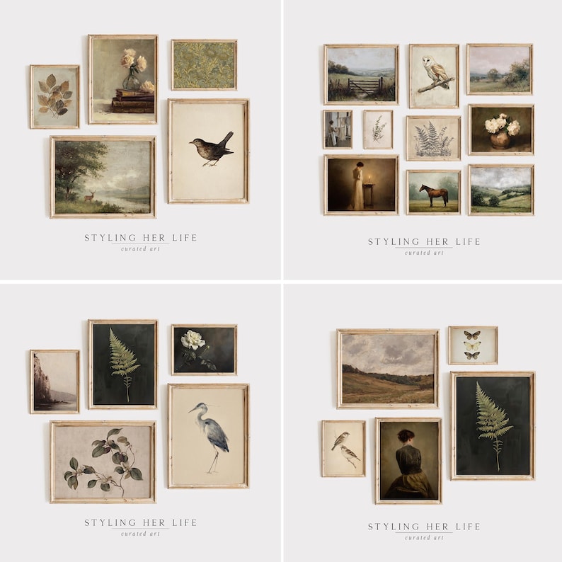 Puede incluir: Una colecci&oacute;n de grabados art&iacute;sticos vintage enmarcados, con ilustraciones bot&aacute;nicas, paisajes y retratos de animales. Los grabados son de varios tama&ntilde;os y estilos, con una paleta de colores neutros y marcos de madera envejecida. El texto "STYLING HER LIFE curated art" es visible.