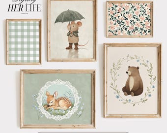 Vintage Nursery Gallery Art Print Set: Cottagecore Animal Prints, Kids Room Decor (Digital Download)