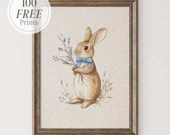 Vintage Bunny Nursery Print: Farmhouse Cottagecore Wall Art, Kids Room Decor (Digital Download)