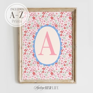 Impresión de flores con iniciales de la A a la Z, arte infantil con letras rosas, regalo para bebé recién nacido, impresión personalizada, arte infantil personalizado para niña, imprimible, DIGITAL