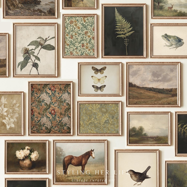 Puede incluir: Una colecci&oacute;n de grabados art&iacute;sticos vintage enmarcados en varios estilos. Los grabados presentan ilustraciones bot&aacute;nicas, paisajes y estudios de animales. Los marcos son de color dorado c&aacute;lido, y la est&eacute;tica general es r&uacute;stica y elegante. El texto "Styling Her Life" es visible.