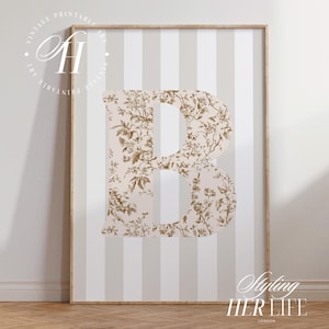 Impresión vintage con iniciales de la A a la Z, arte infantil con letras beige, regalo para bebé recién nacido, impresión personalizada, arte infantil personalizado para niña, imprimible, DIGITAL