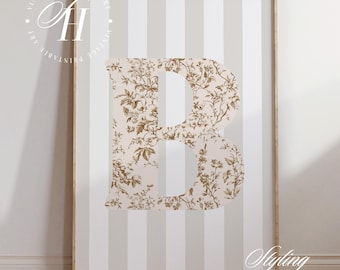 A-Z Floral Initial Print: Beige Vintage Letter Nursery Art, Kids Room Decor (Digital Download)