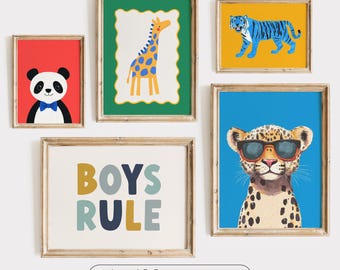 Boys Nursery Animal Art Prints: Playroom Gallery Wall, Kids Room Decor (Digital Download)