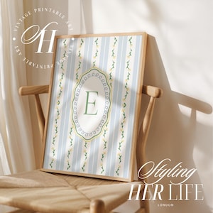 Impresión vintage con iniciales de la A a la Z, arte infantil con letras azules, regalo para bebé recién nacido, impresión personalizada, arte infantil personalizado para bebé niño, imprimible, DIGITAL