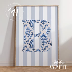 Impresión vintage con iniciales de la A a la Z, arte infantil con letras azules, regalo para bebé recién nacido, impresión personalizada, arte infantil personalizado para bebé niño, imprimible, DIGITAL