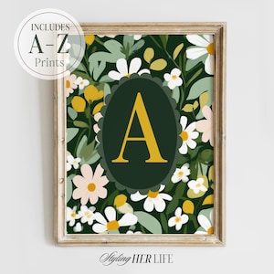 Impresión de flores con iniciales de la A a la Z, arte infantil con letras, regalo para bebé recién nacido, impresión personalizada, guardería de niña, arte infantil personalizado, imprimible, DIGITAL