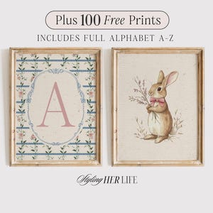 Vintage Bunny Nursery Print Set: Cottagecore Initial & Rabbit Art (Digital Download)