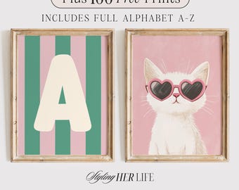 Kitten Nursery Art Print: Initial & Cat, Baby Girl Gallery Wall Set (Digital Download)