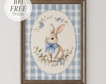 Grafika w stylu vintage z króliczkiem do pokoju dziecięcego: Cottagecore Decor, wystrój pokoju dziecięcego (pobranie cyfrowe)