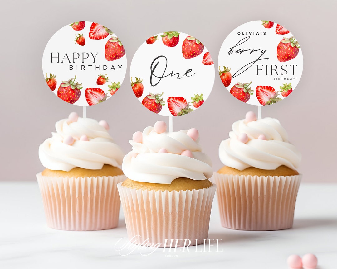 EDITABLE Berry First Birthday Cupcake Topper, 1st Birthday Girl, 1st ...