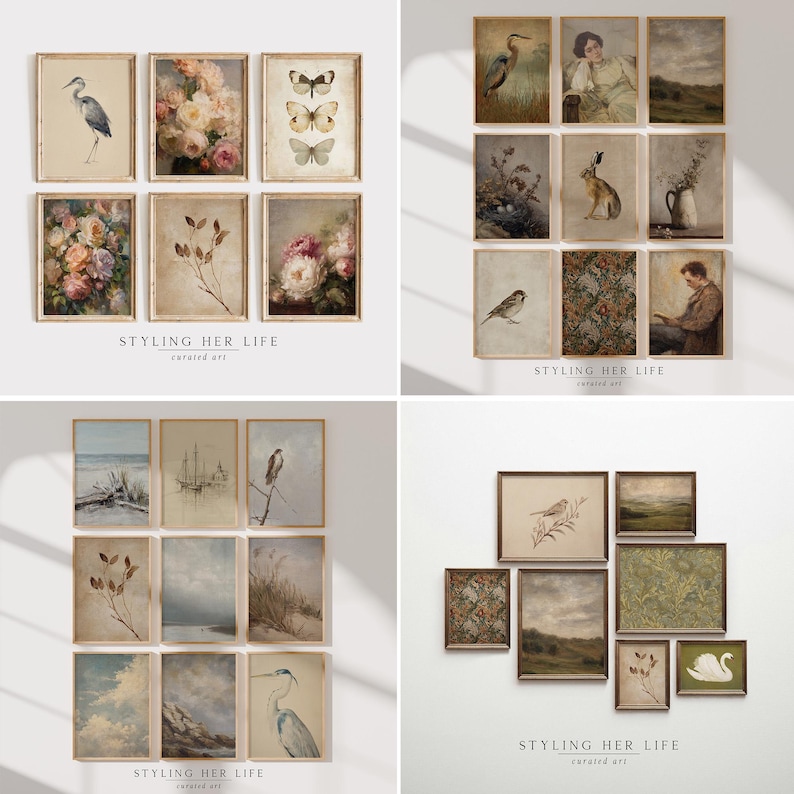 Puede incluir: Una colecci&oacute;n de grabados art&iacute;sticos vintage enmarcados. Los grabados presentan ilustraciones bot&aacute;nicas, paisajes y retratos de animales en tonos apagados. El texto "STYLING HER LIFE curated art" es visible en la parte inferior de algunos grabados.