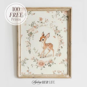 Floral Fawn Art Print, Cottagecore Print, Vintage Nursery, Boys Nursery, Baby Girl Nursery, Antique Wall Art, Printable Art, DIGITAL