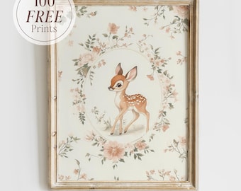 Grafika do pokoju dziecięcego z motywem kwiatowym i jelonkiem: wystrój w stylu vintage cottagecore, wystrój pokoju dziecięcego (pobranie cyfrowe)