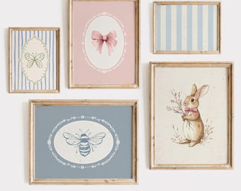 Vintage Nursery Art Prints: Pink Gallery Wall Set, Girls Room Decor (Digital Download)
