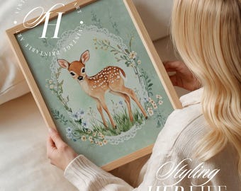Grafika z jeleniem w stylu vintage: wystrój pokoju dziecięcego Cottagecore, wystrój pokoju dziecięcego (pobranie cyfrowe)