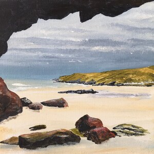 Original Kunst (Acryl) Beach Höhle Blick, Pease Bay Südosten Schottland