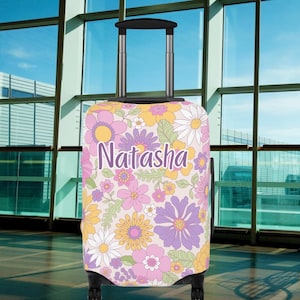 Personalized Pastel Flower Luggage Cover, Floral Suitcase Protector, Custom name Travel Baggage Sleeve Gift for Traveler Vacation Accessory