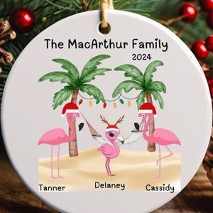 Flamingos Beach Theme Personalized Family Christmas Ornament Flamingo Custom Name Gift Christmas Custom text ornament Beach design 3 names