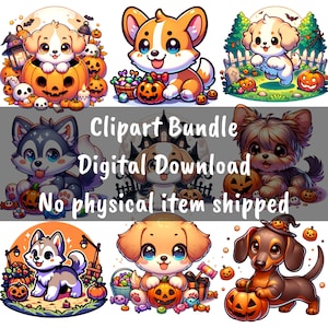 Entzückende Halloween Welpe Clipart Bundle, Instant Download PNG Designs, Sublimation, Hund PNG, Hund Clipart, Halloween Cliparts, Halloween PNG