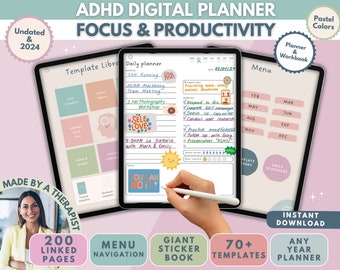 ADHD Digital Planner 2024 (by an ADHDer) for iPad, Goodnotes + Android. Adult ADHD Journal, self care, habit tracker science based, sticker.