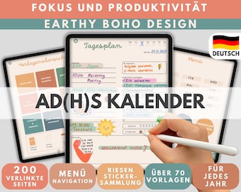 ADHS Digitaler Kalender Tagesplaner BOHO VINTAGE - Zeitmanagement für Erwachsene für Apple, Android - GoodNotes, Notability, Xodo, Flexcil