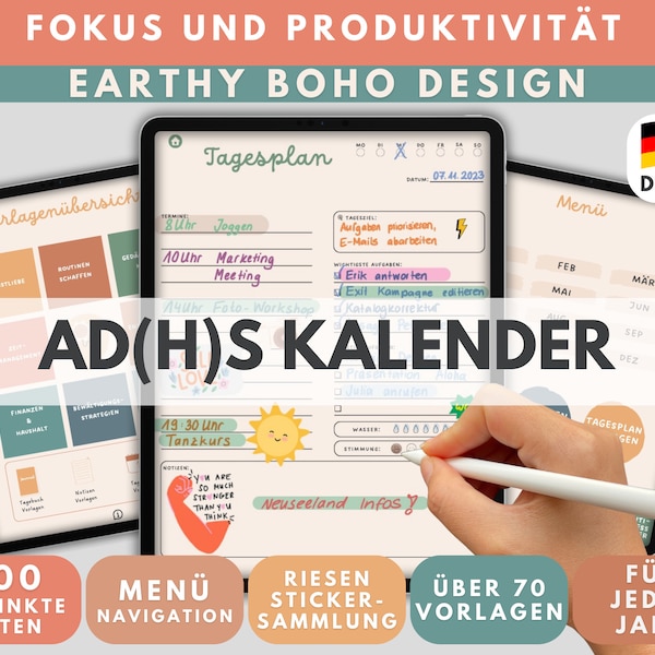 ADHS Digitaler Kalender Tagesplaner BOHO VINTAGE - Zeitmanagement für Erwachsene für Apple, Android - GoodNotes, Notability, Xodo, Flexcil