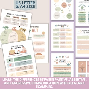 Op de afbeelding: Een verzameling afdrukbare educatieve posters over communicatievaardigheden. De posters behandelen onderwerpen als assertieve communicatie, actief luisteren en manieren om nee te zeggen. De tekst bevat "US Letter & A4 Size" en "Leer de verschillen tussen passieve, assertieve en agressieve communicatie."