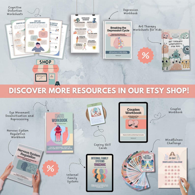 Op de afbeelding: Een verzameling werkboeken, kaarten en werkbladen voor geestelijke gezondheid en welzijn. Titels zijn onder meer "Breaking the Depression Cycle" en "Couples Workbook". De afbeelding bevat ook de tekst "DISCOVER MORE RESOURCES IN OUR ETSY SHOP!"