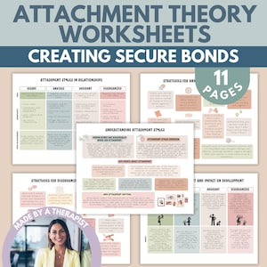 Könnte beinhalten: Ein Satz von 11 druckbaren Arbeitsblättern zur Bindungstheorie, die sich auf die Schaffung sicherer Bindungen in Beziehungen konzentrieren. Die Arbeitsblätter enthalten eine Vielzahl von Diagrammen und Tabellen, darunter ein Diagramm mit dem Titel "Bindungsstile in Beziehungen" und ein Diagramm mit dem Titel "Bindungsstile verstehen". Die Arbeitsblätter wurden von einem Therapeuten erstellt.
