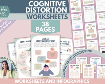 Feuilles de travail sur la distorsion cognitive, erreurs de pensée, schémas de pensée inutiles, cahier d'exercices, TCC, thérapie Compétences d'adaptation outil d'anxiété, liste DBT