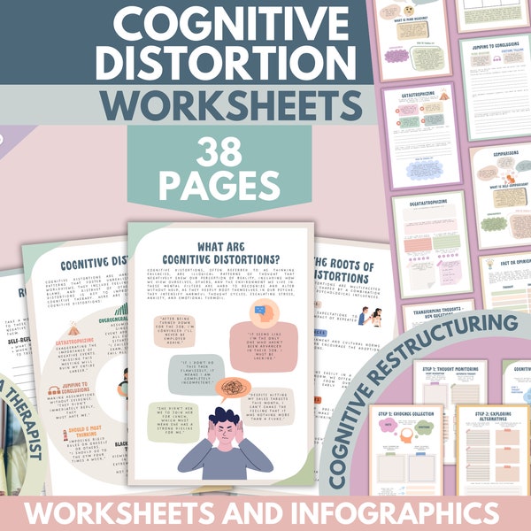 Cognitive Distortion Worksheets, Thinking Errors, Unhelpful Thinking Patterns, Workbook, CBT, Therapy Coping Skills Anxiety Tool DBT List