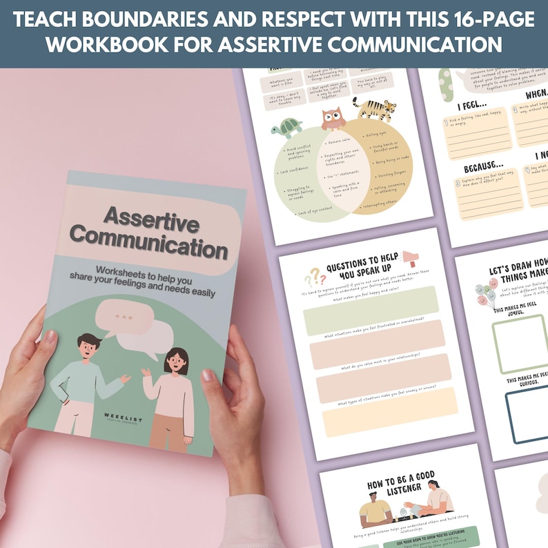 Op de afbeelding: Een 16 pagina's tellend werkboek getiteld "Assertive Communication" om grenzen te stellen en respect te leren. De omslag toont illustraties en tekstballonnen. Werkbladen helpen bij het delen van gevoelens en behoeften.